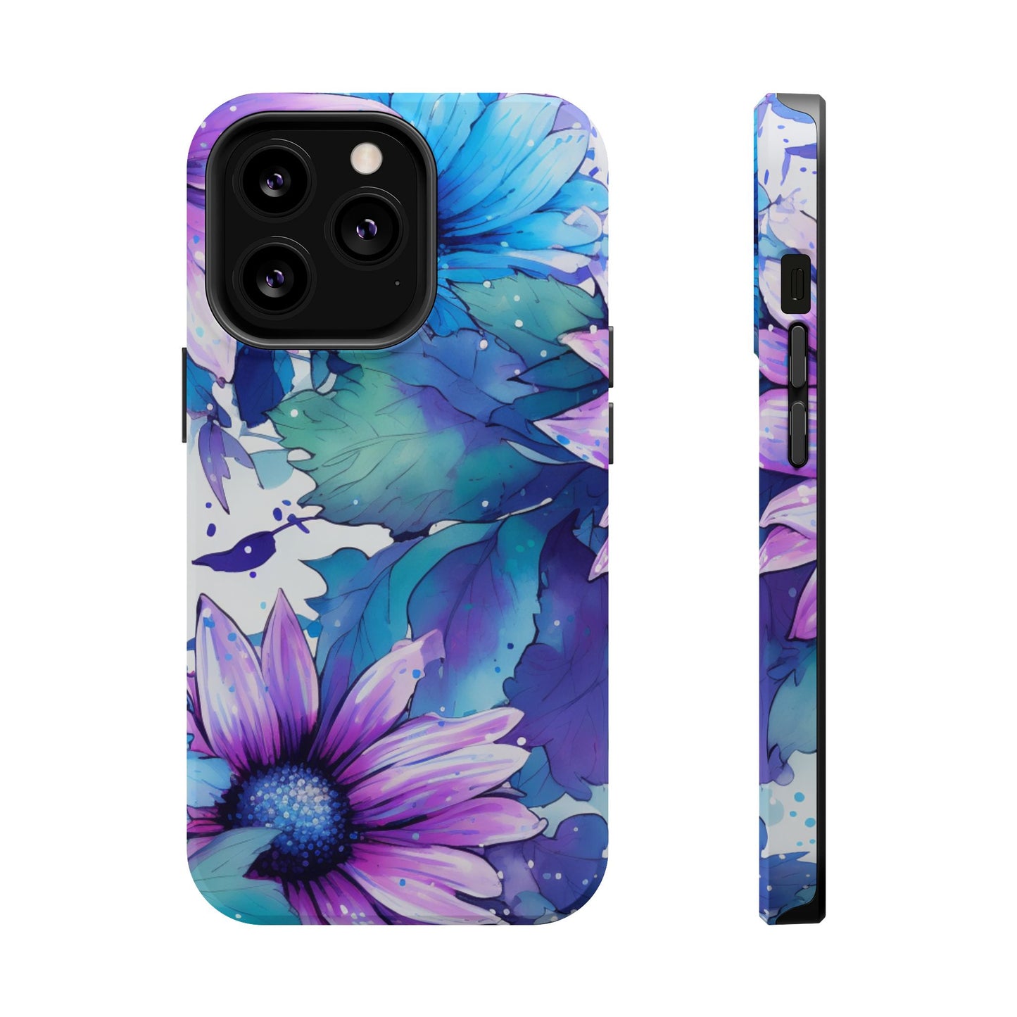 Purple & Teal Watercolor Floral MagSafe iPhone Case - Artistic Flower Design