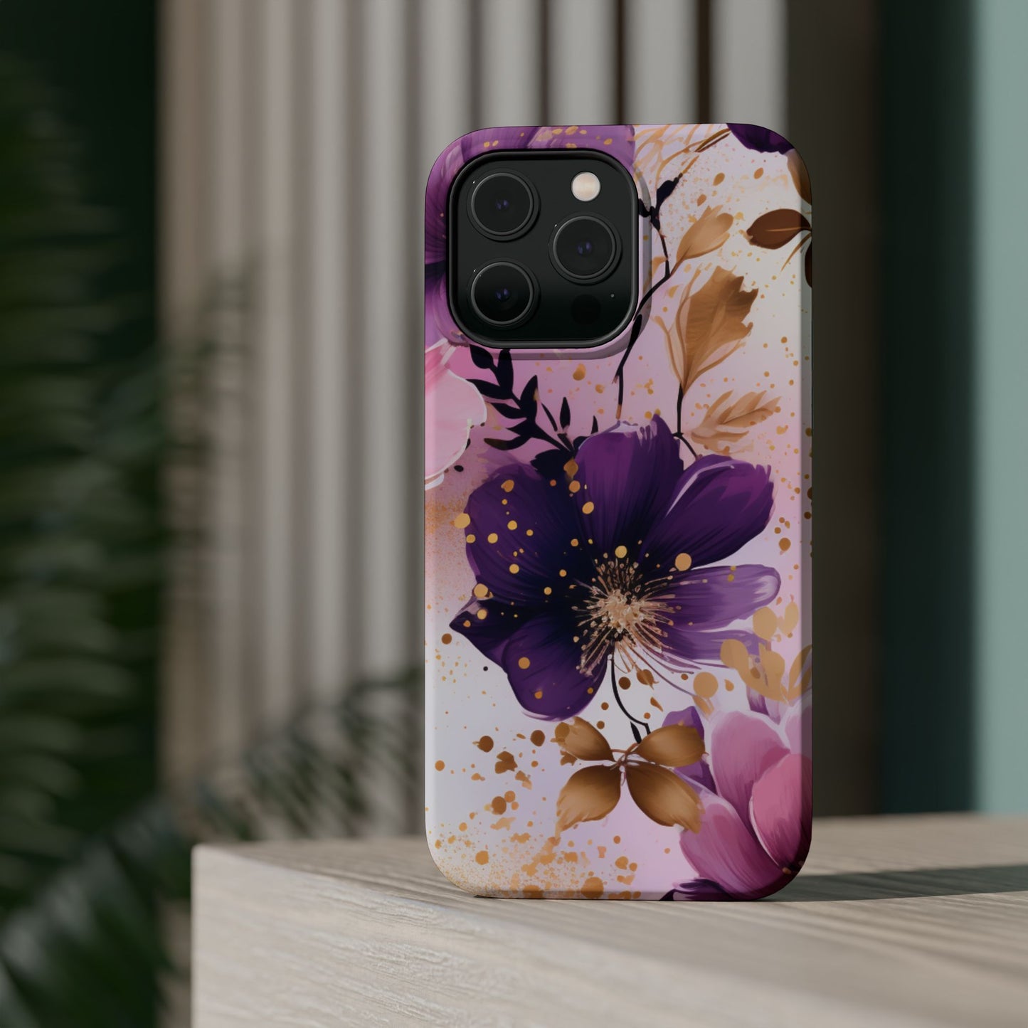 Elegant Purple & Gold Floral MagSafe iPhone Case - Luxe Flower Design