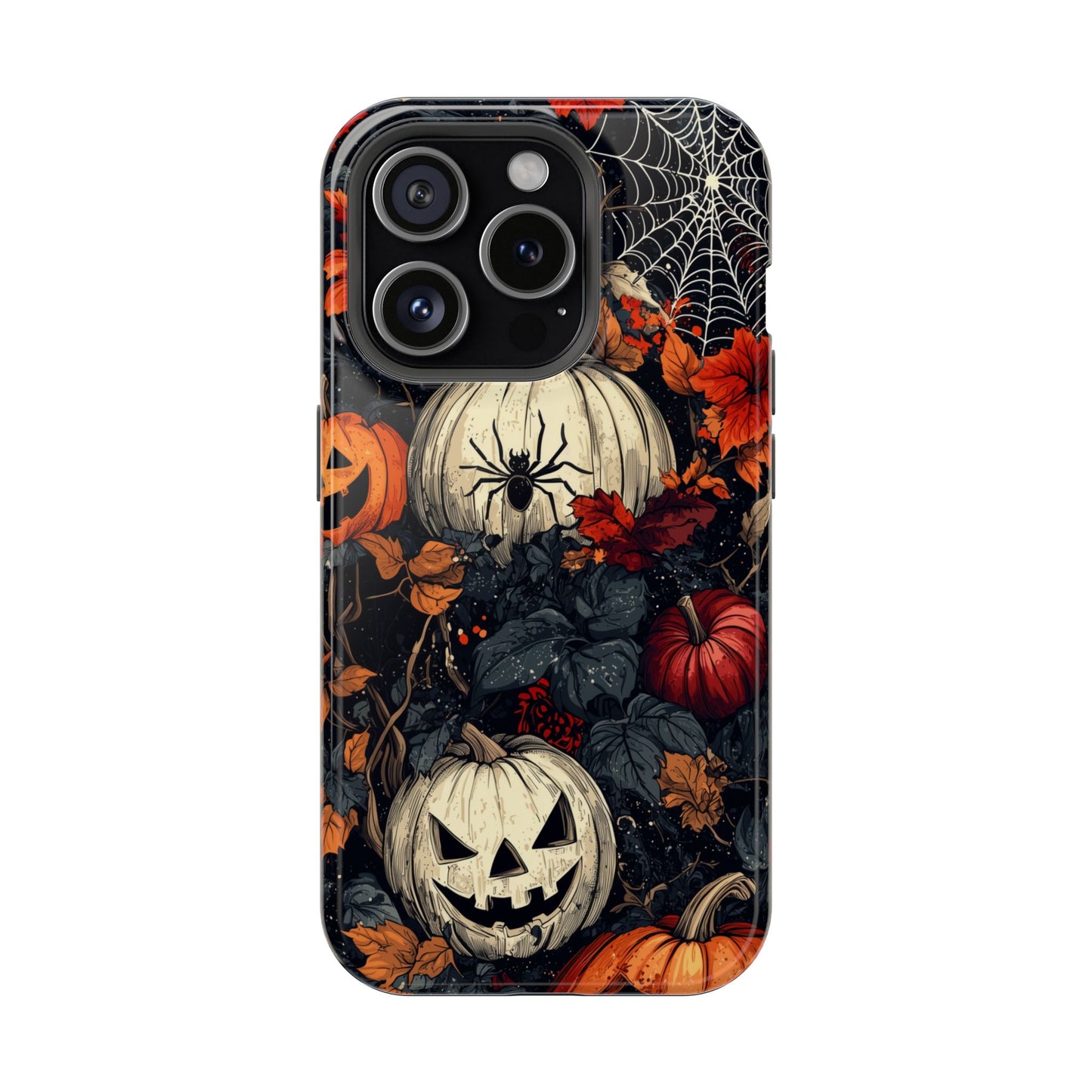 Hauntingly Elegant Halloween MagSafe iPhone Case – Pumpkins, Spiders, and Autumn Leaves Design