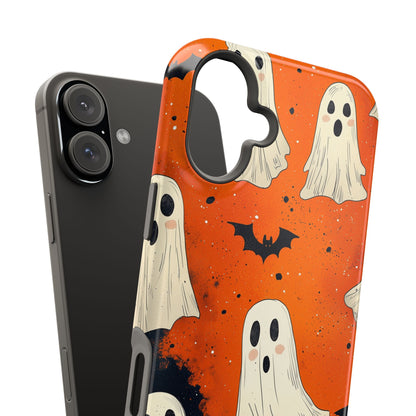 Spooky Ghosts & Bats  MagSafe iPhone Case – Vibrant Orange Halloween Design