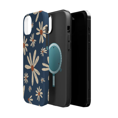 Vintage Daisies MagSafe iPhone Case – Navy Blue Floral Design, Scratch-Resistant with Shock-Absorbing Bumper