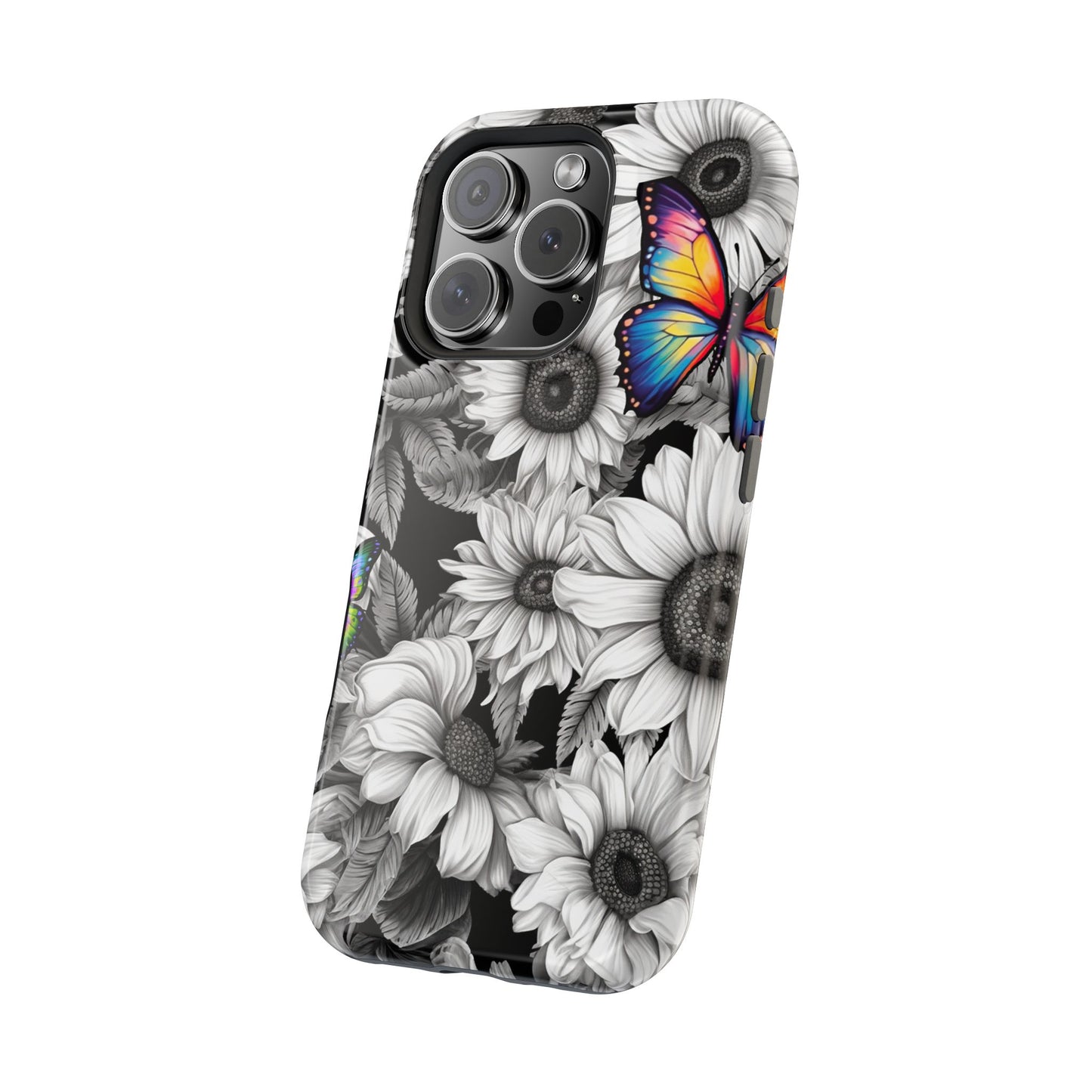 Rainbow Butterflies & Monochrome Sunflowers – MagSafe iPhone Case