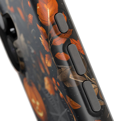 Elegant Halloween MagSafe iPhone Case – Pumpkin Jack-o'-Lanterns, Cobwebs & Autumn Foliage Design