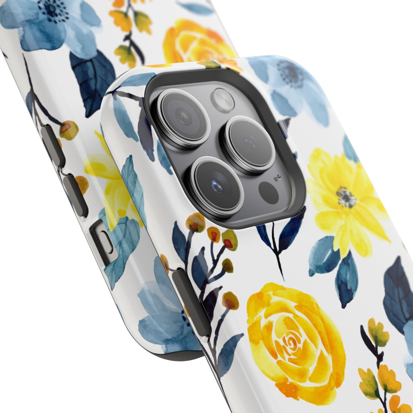 Golden Yellow & Sky Blue Floral – Watercolor Botanical MagSafe iPhone Case