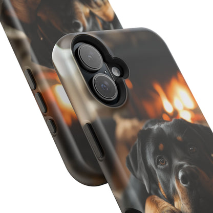 Cozy Rottweiler by the Fireplace MagSafe iPhone Case – Warm Rustic Design