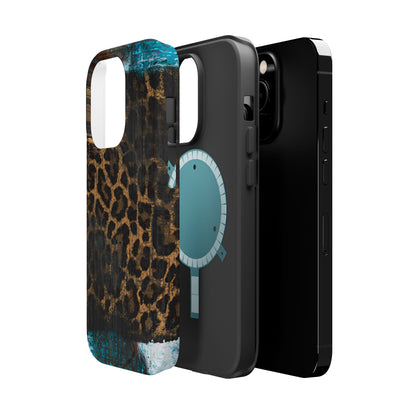 Boho Leopard and Turquoise Tough MagSafe iPhone Case – Rustic Western Design with Dual-Layer Protection