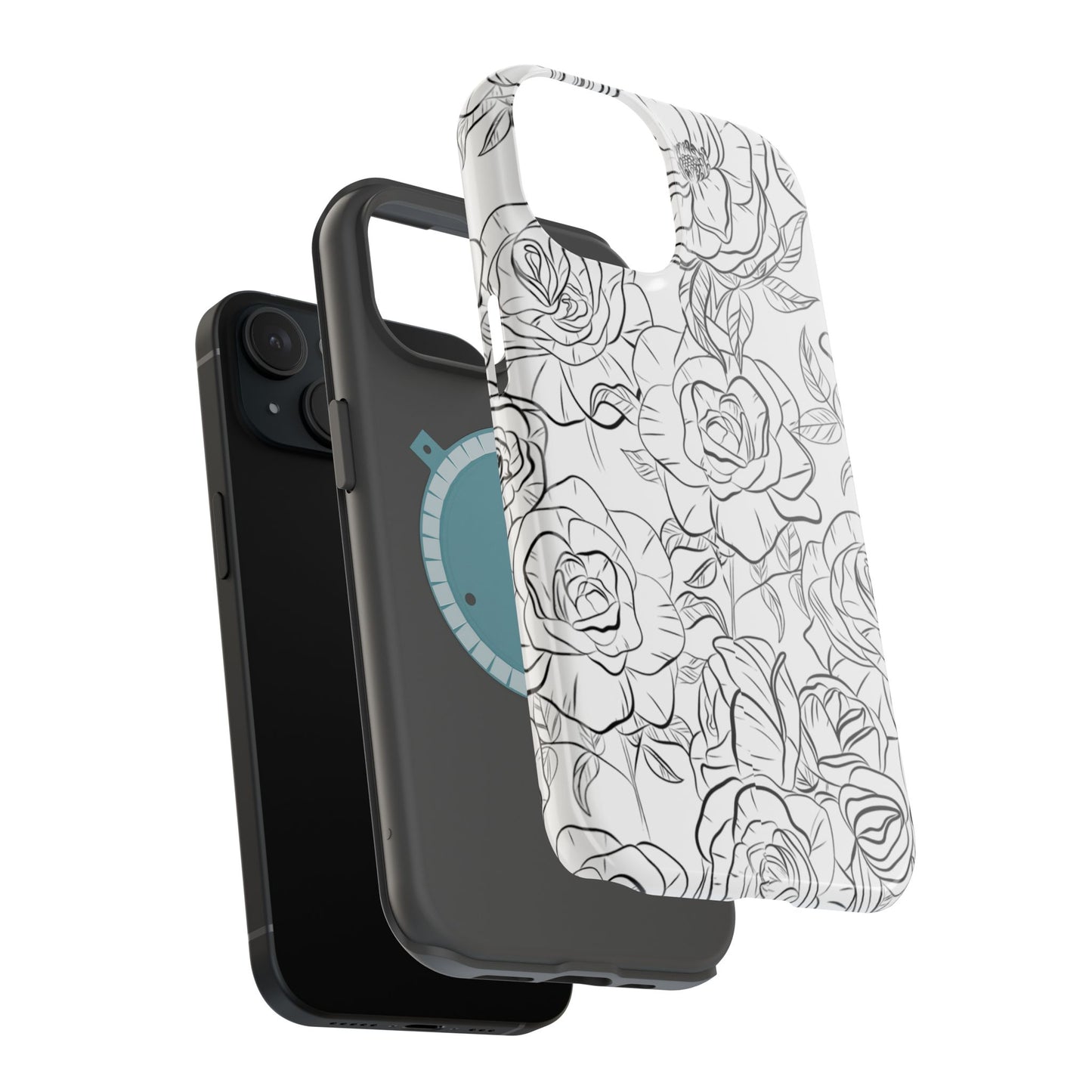 Monochrome Rose Garden Tough MagSafe iPhone Case – Elegant Floral Line Art with Dual-Layer Protection