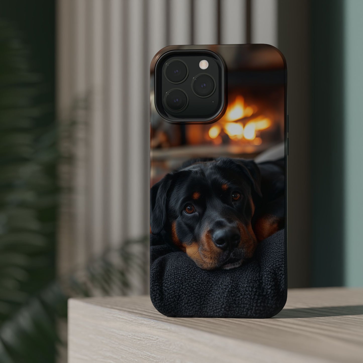 Charming Rottweiler by the Fireplace MagSafe iPhone Case – Cozy & Functional Design