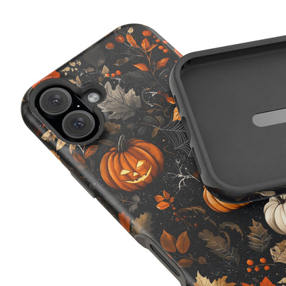 Elegant Halloween MagSafe iPhone Case – Pumpkin Jack-o'-Lanterns, Cobwebs & Autumn Foliage Design