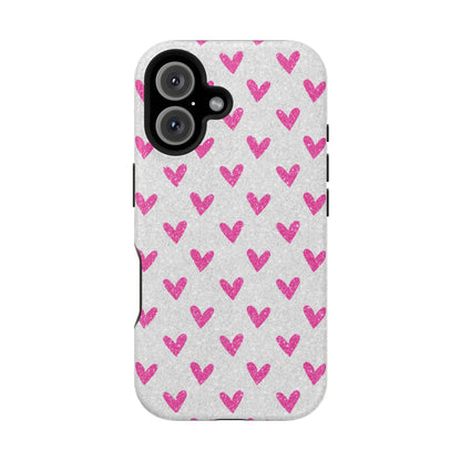 Pink Hearts on Glitter Silver – MagSafe iPhone Case