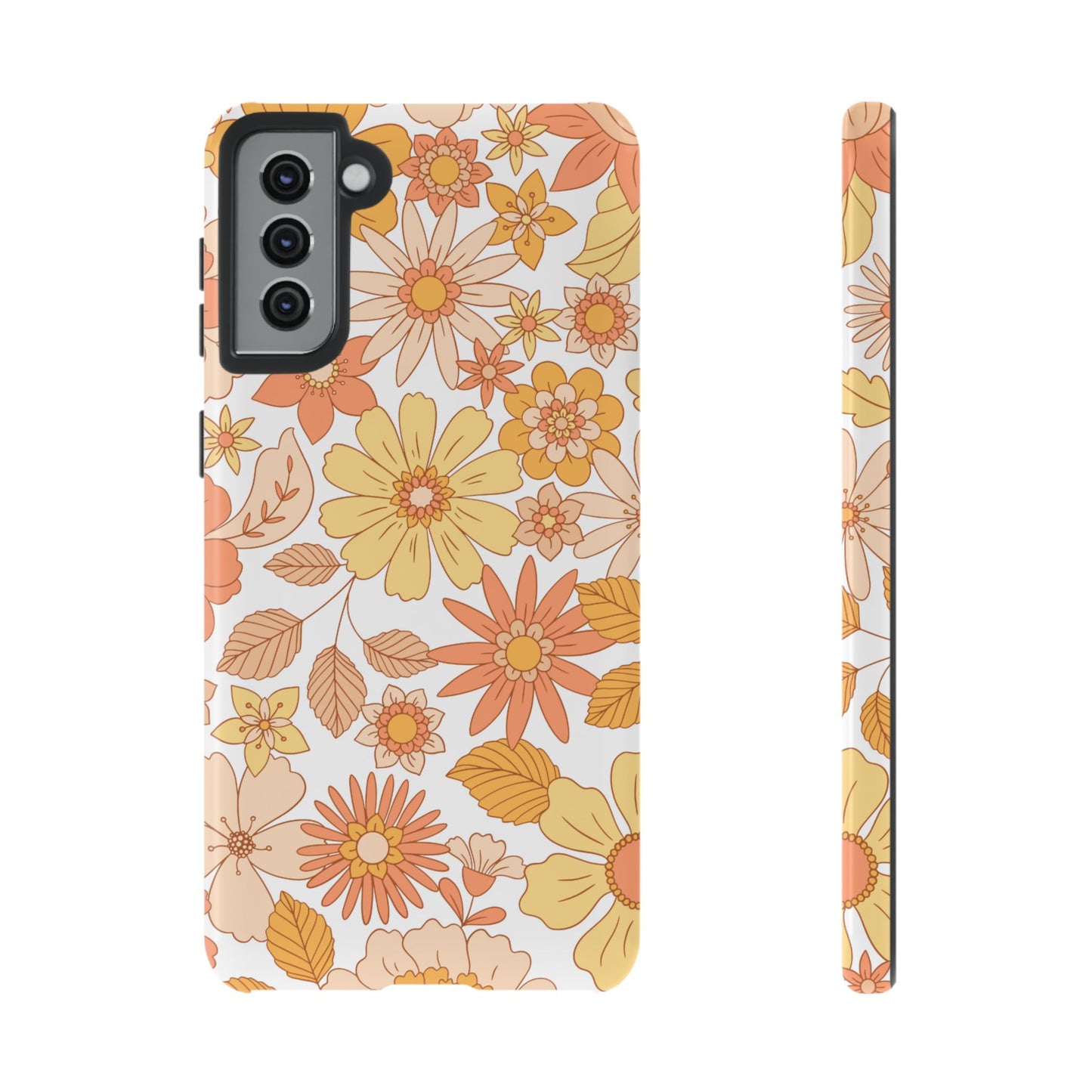 Vintage Floral Bloom Samsung Galaxy Case – Warm Orange & Yellow Retro Flower Design with Matte Finish