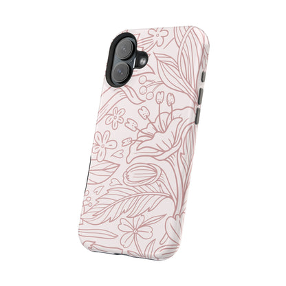 Blush Floral Line Art Tough MagSafe iPhone Case – Delicate Minimalist Design with Dual-Layer Protection