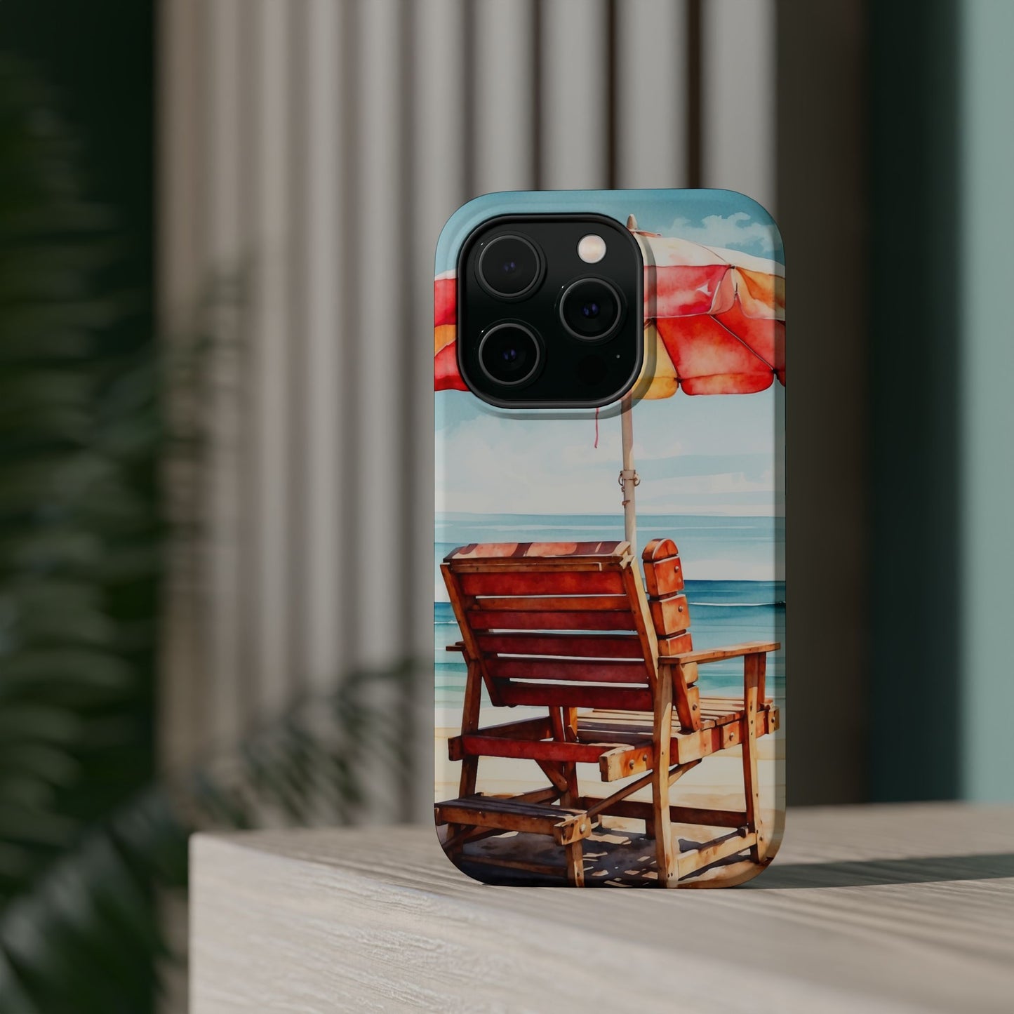 Beachfront Sunset Lounge MagSafe iPhone Case – Vibrant Watercolor Design