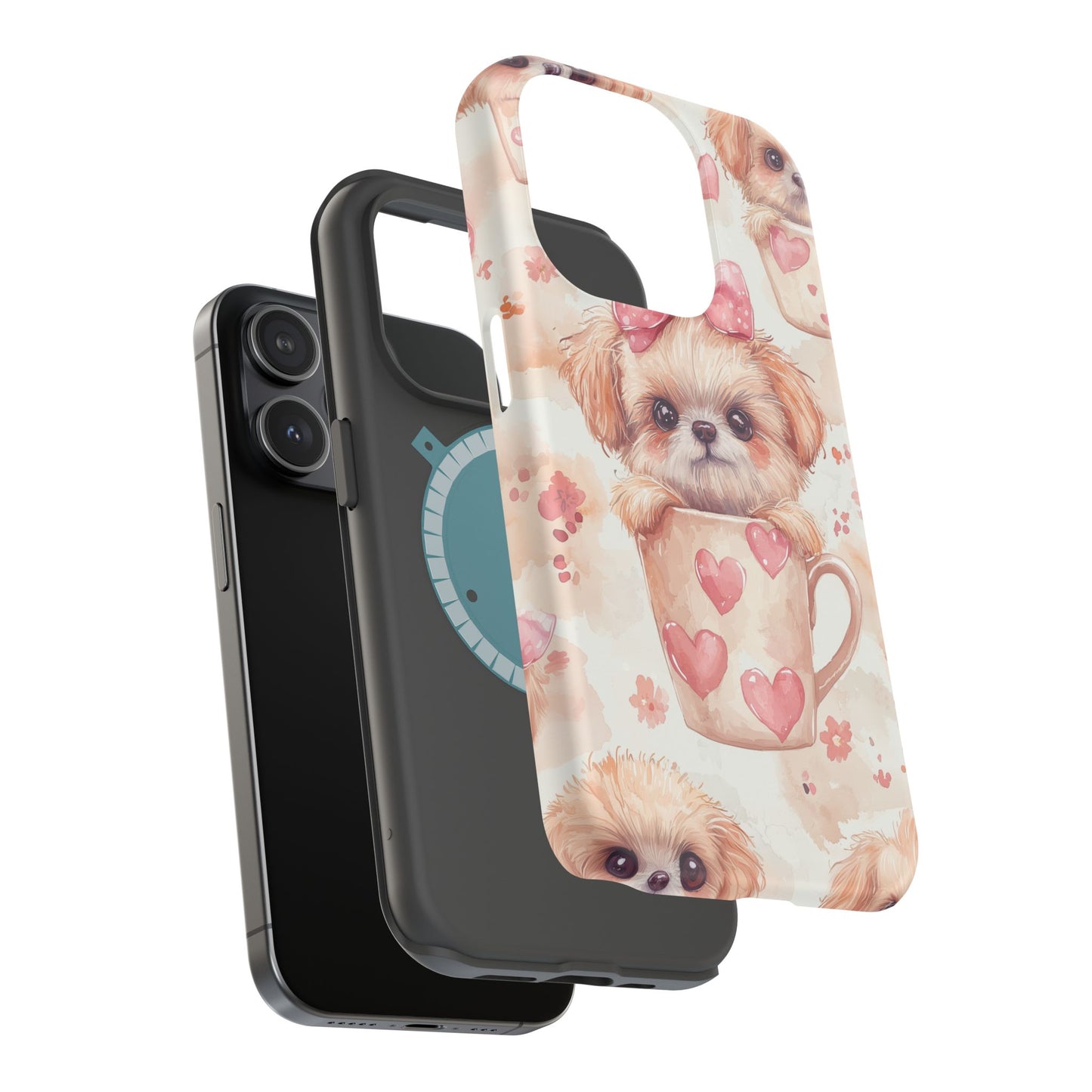 Adorable Puppy in Teacup MagSafe iPhone Case – Tough, Dual-Layer Protection with Cute Pink Bow Design