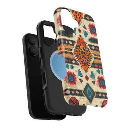 Wild Boho Leopard Print & Floral Tough MagSafe iPhone Case – Eclectic Tribal Design, Dual-Layer Protection