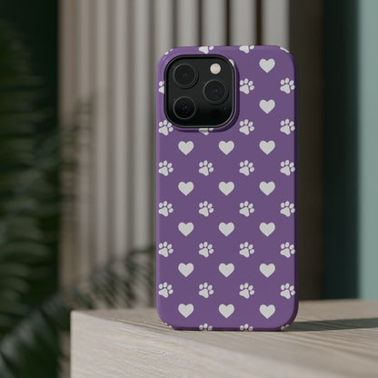 Lavender Paw Prints & Hearts Design - Adorable Pet Lover MagSafe iPhone Case