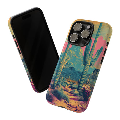 Desert Oasis Retro Cactus Phone Case - Vibrant Sunset Landscape for iPhone 15/14/13/12, Samsung S24/S23/S22/S21, & Google Pixel