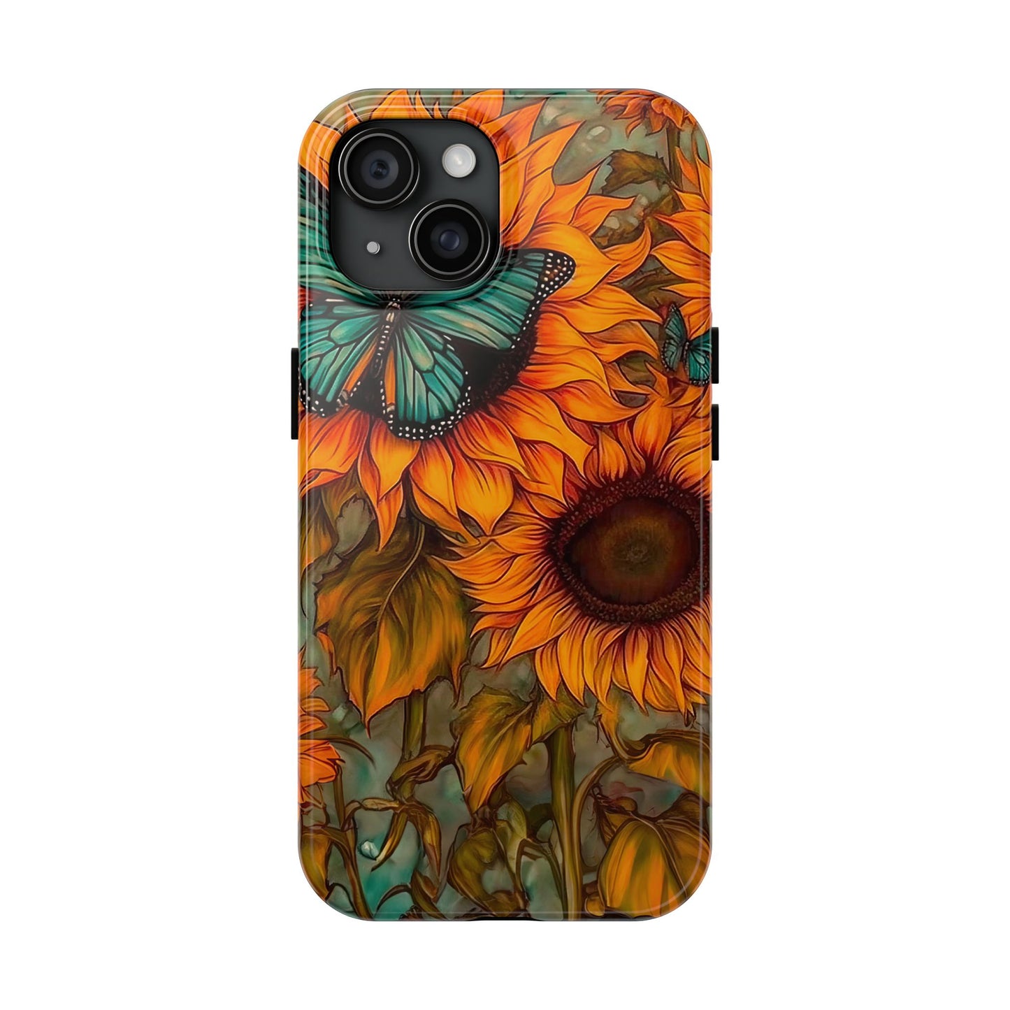 Vintage Blue Butterfly & Sunflower Art – iPhone Case