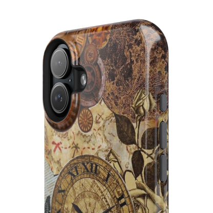 Steampunk Vintage Adventure MagSafe iPhone Case – Dual-Layer Protection with Antique Map and Clock Design