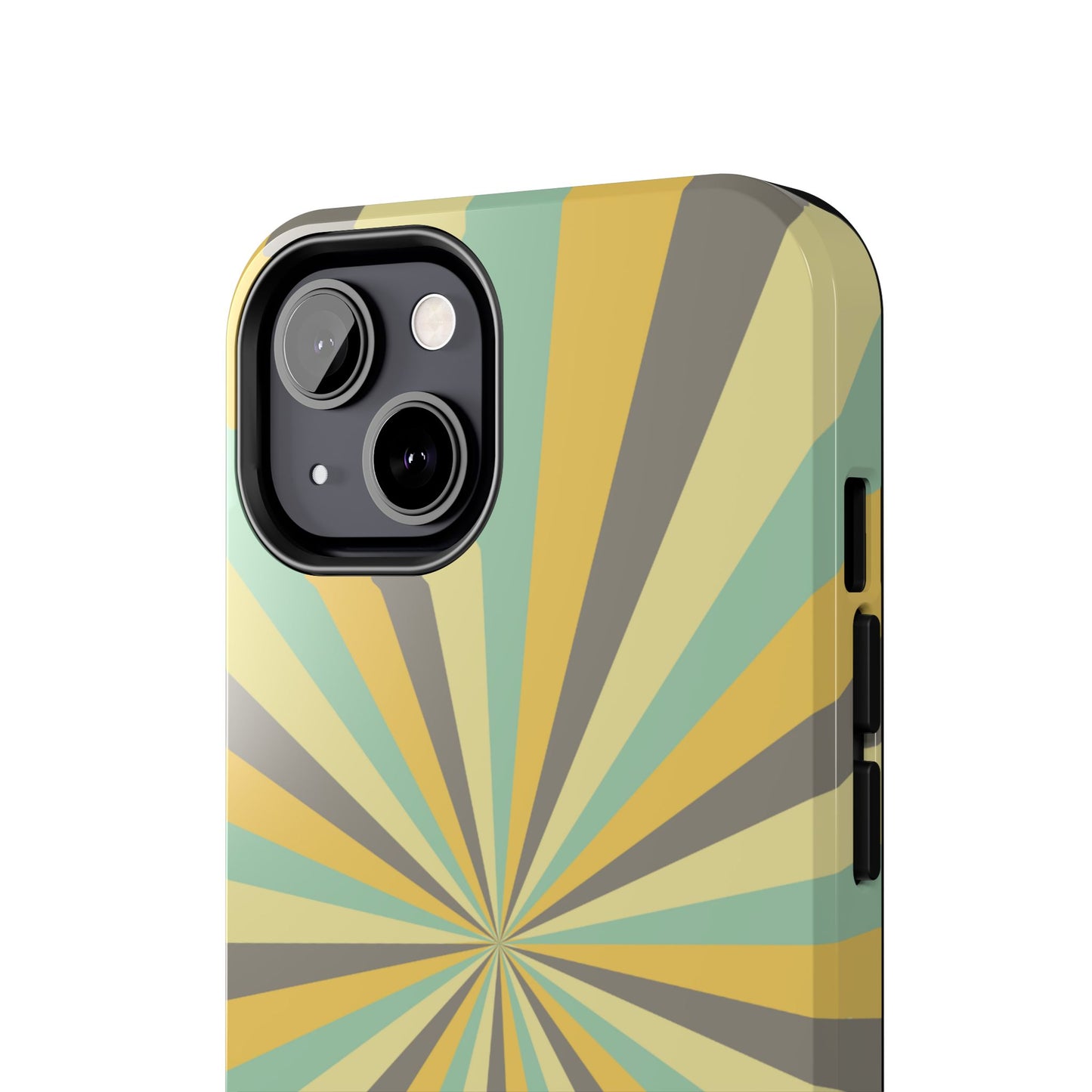 Vintage Sunburst Rays iPhone Case – Bold 70s-Inspired Burst in Yellow, Mint, and Gray