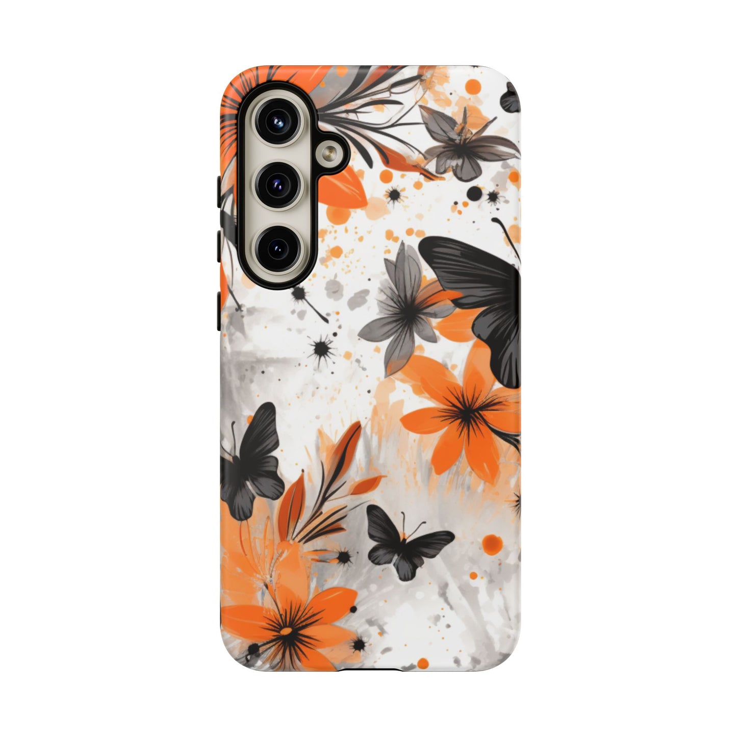 Orange Blossom & Black Butterfly Samsung Galaxy Case – Bold Floral Pattern with Modern Abstract Style