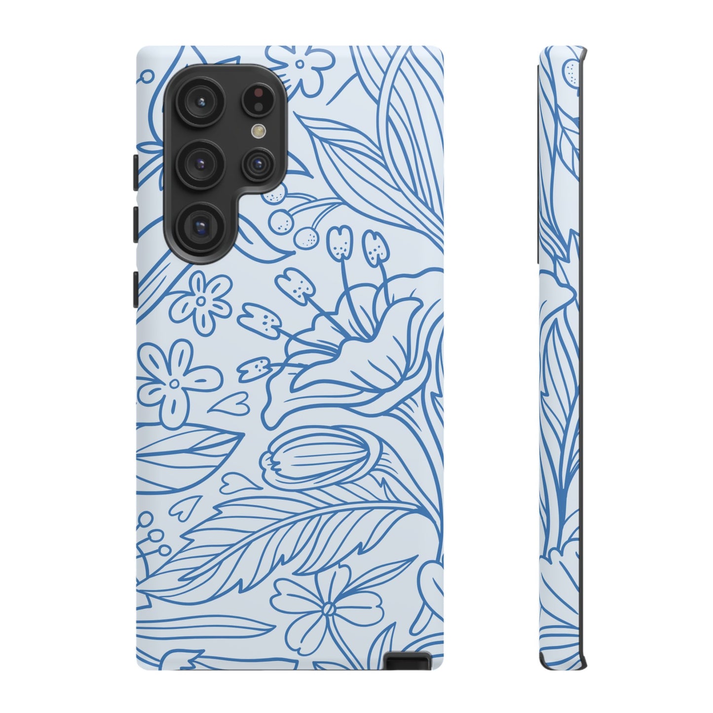 Dusty Blue Floral Line Art Tough Samsung Galaxy Case – Minimalist Botanical Design with Dual-Layer Protection