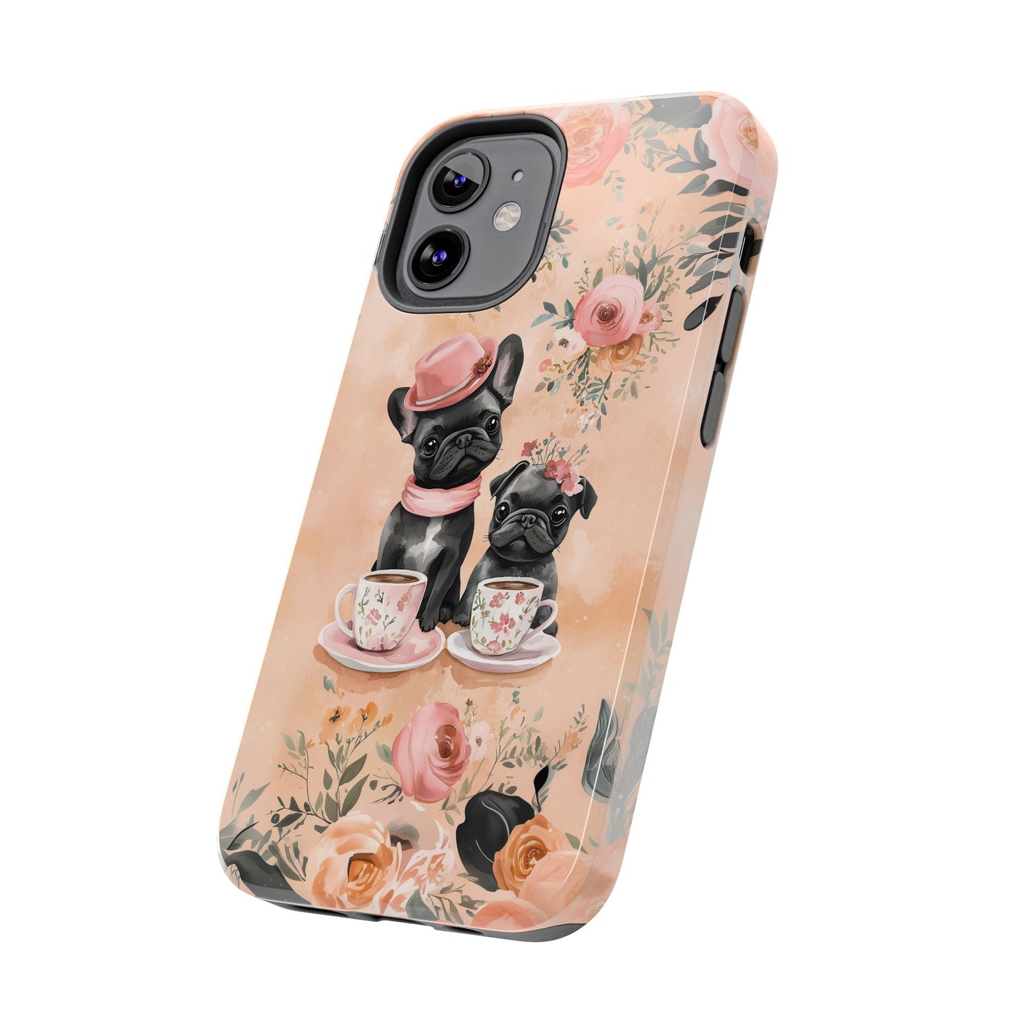 Floral French Bulldogs iPhone Case – Elegant Dog Design with Tea Cups & Roses, Shockproof Protection - BOGO Cases