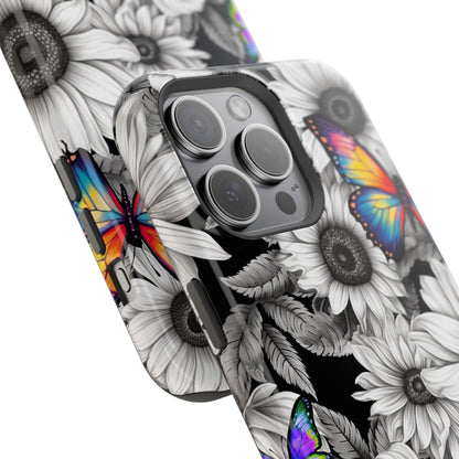 Rainbow Butterflies & Monochrome Sunflowers – MagSafe iPhone Case