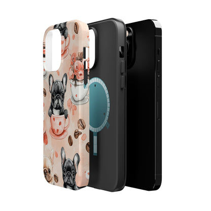 French Bulldogs in Heart Teacups MagSafe iPhone Case – Cute Dog & Floral Design, Shockproof Protection