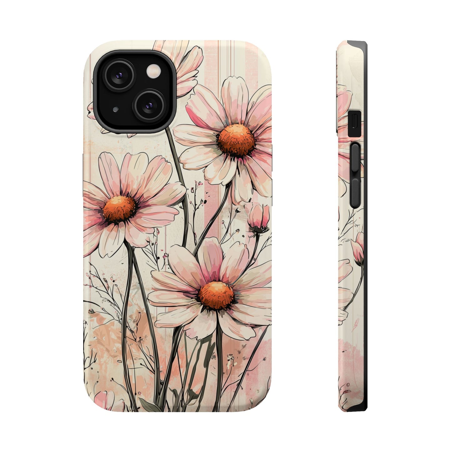 Pastel Pink Daisy MagSafe iPhone Case - Elegant Floral Plaid Protective Cover