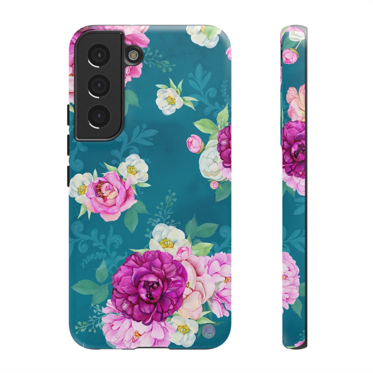 Elegant Peony Bouquet Samsung Galaxy Case – Deep Teal Background with Romantic Floral Design