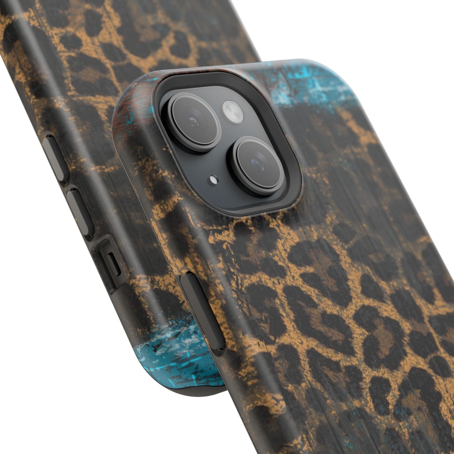 Boho Leopard and Turquoise Tough MagSafe iPhone Case – Rustic Western Design with Dual-Layer Protection