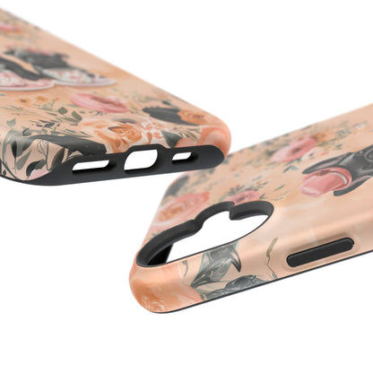 Floral French Bulldogs MagSafe iPhone Case – Elegant Dog Design with Tea Cups & Roses, Shockproof Protection