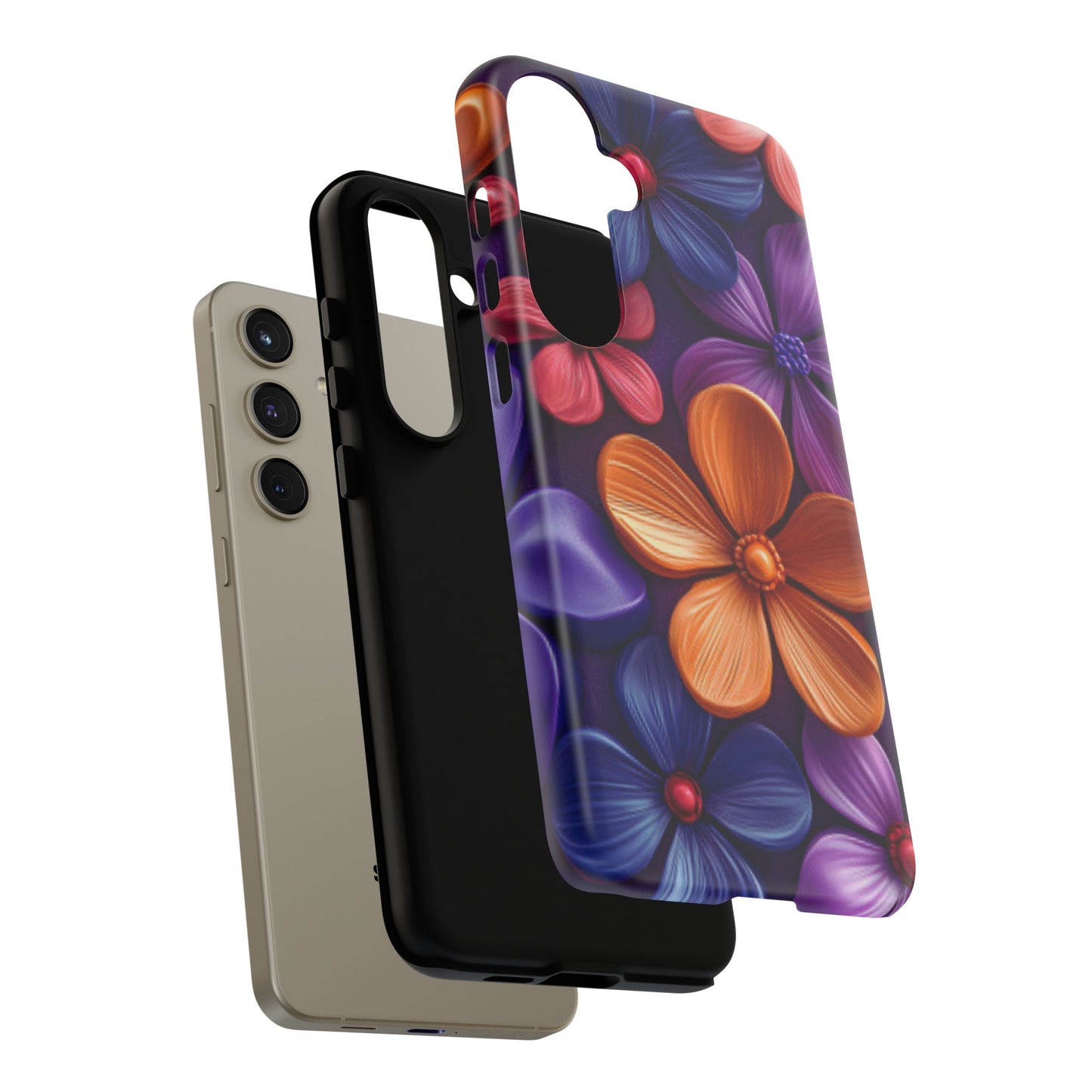 Bold Floral 3D Samsung Galaxy Case – Vivid Purple and Orange Flower Design, Shock - Resistant - BOGO Cases