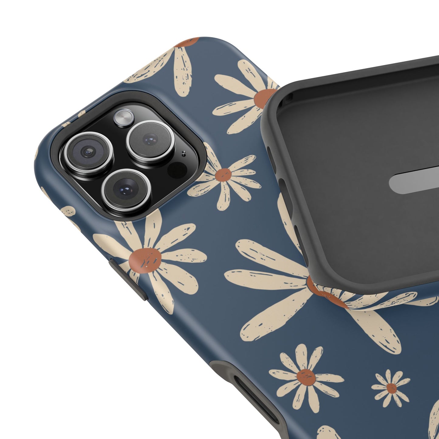 Vintage Daisies MagSafe iPhone Case – Navy Blue Floral Design, Scratch-Resistant with Shock-Absorbing Bumper