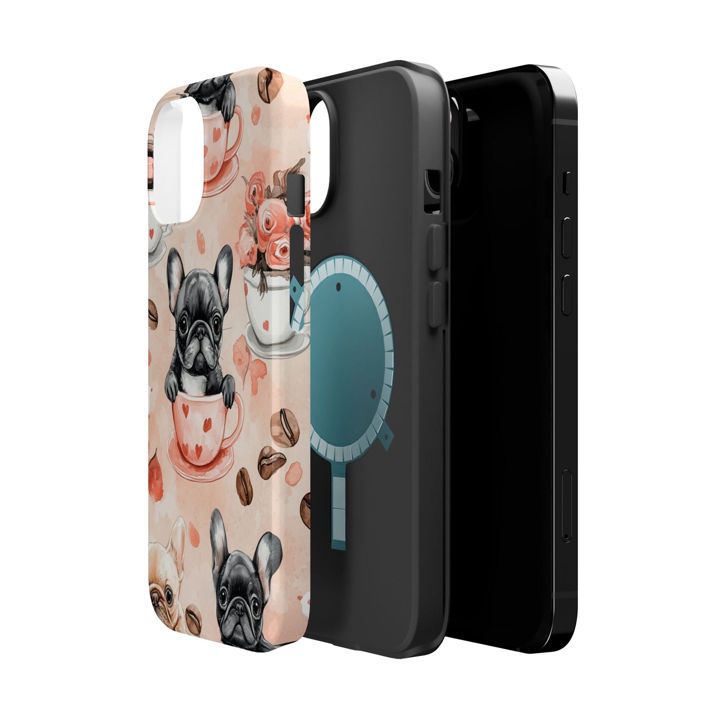 French Bulldogs in Heart Teacups MagSafe iPhone Case – Cute Dog & Floral Design, Shockproof Protection