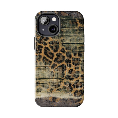 Rustic Wood and Leopard Print Tough iPhone Case – Distressed Western Design with Dual-Layer Protection