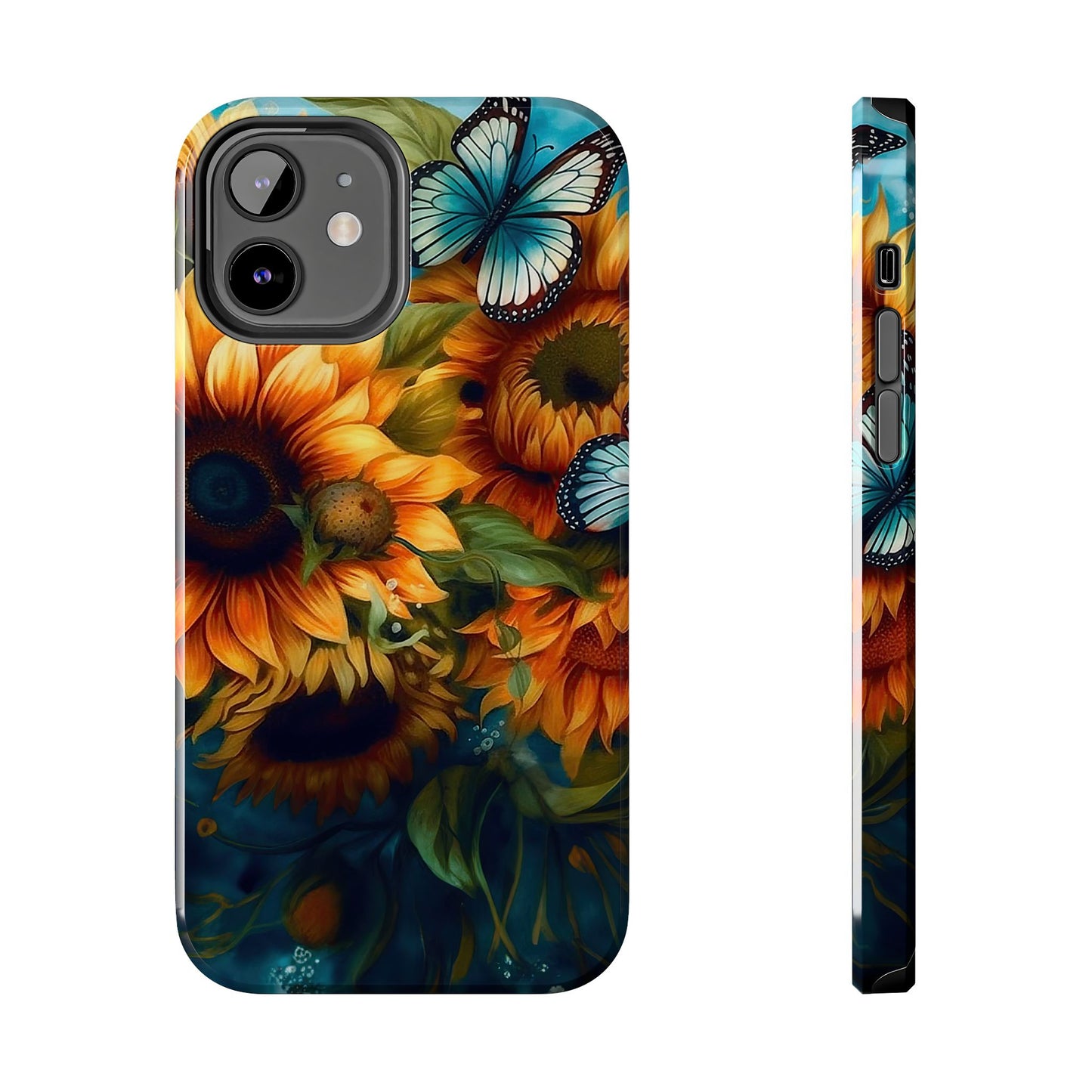 Aqua Blue Butterfly & Sunflower Art – iPhone Case