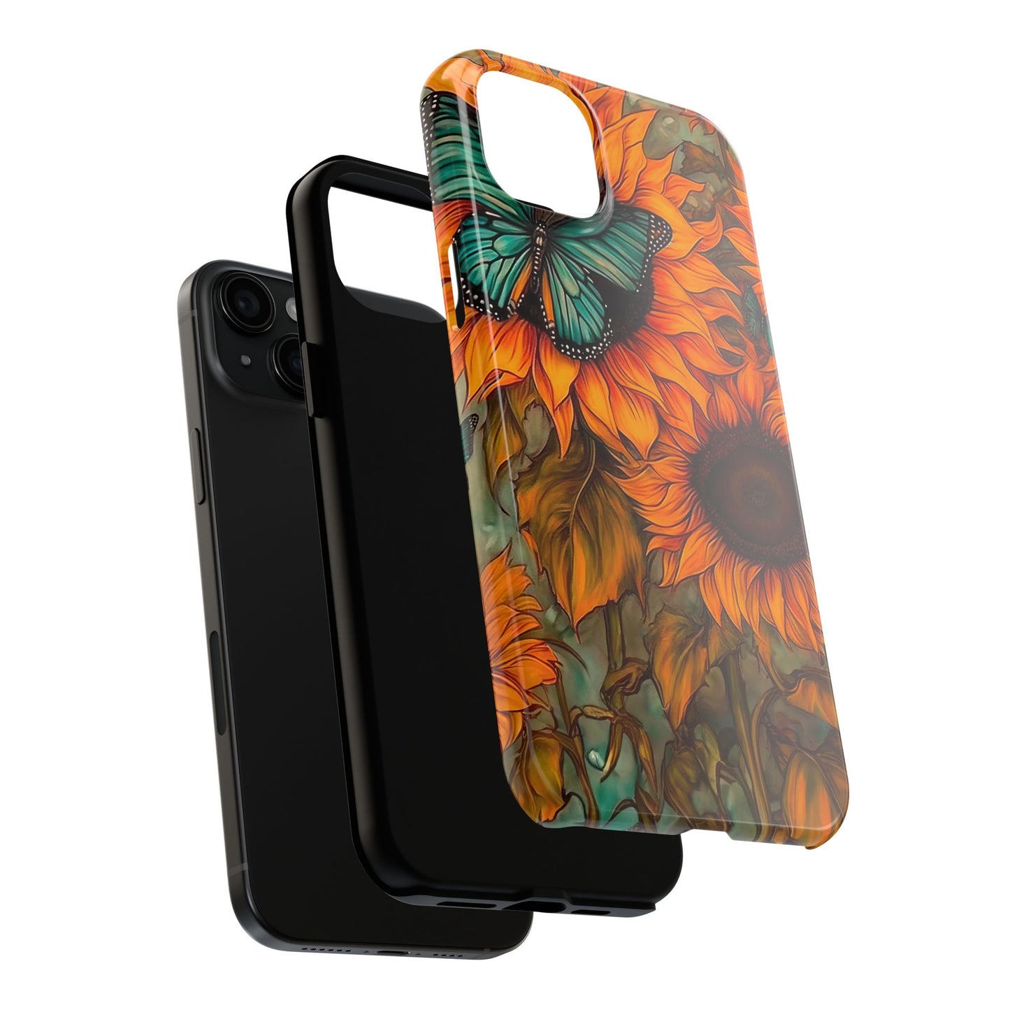 Vintage Blue Butterfly & Sunflower Art – iPhone Case