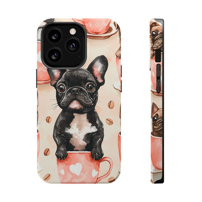 French Bulldogs in Coffee Cup MagSafe iPhone Case – Cute Dog Art, Shockproof & Slim Design