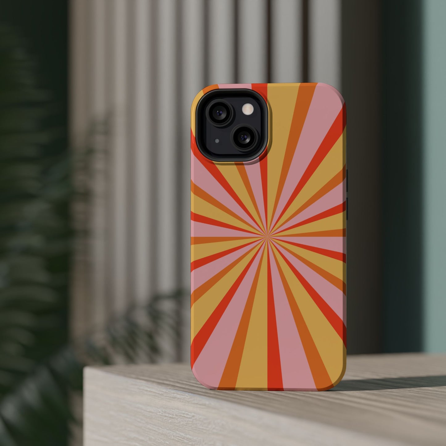 Bold Retro Sunburst MagSafe iPhone Case – Vibrant 70s-Inspired Rays in Orange, Pink, and Yellow