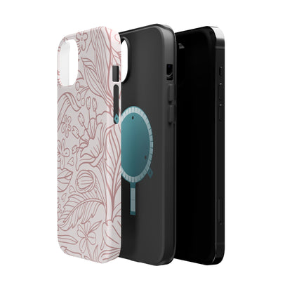 Blush Floral Line Art Tough MagSafe iPhone Case – Delicate Minimalist Design with Dual-Layer Protection