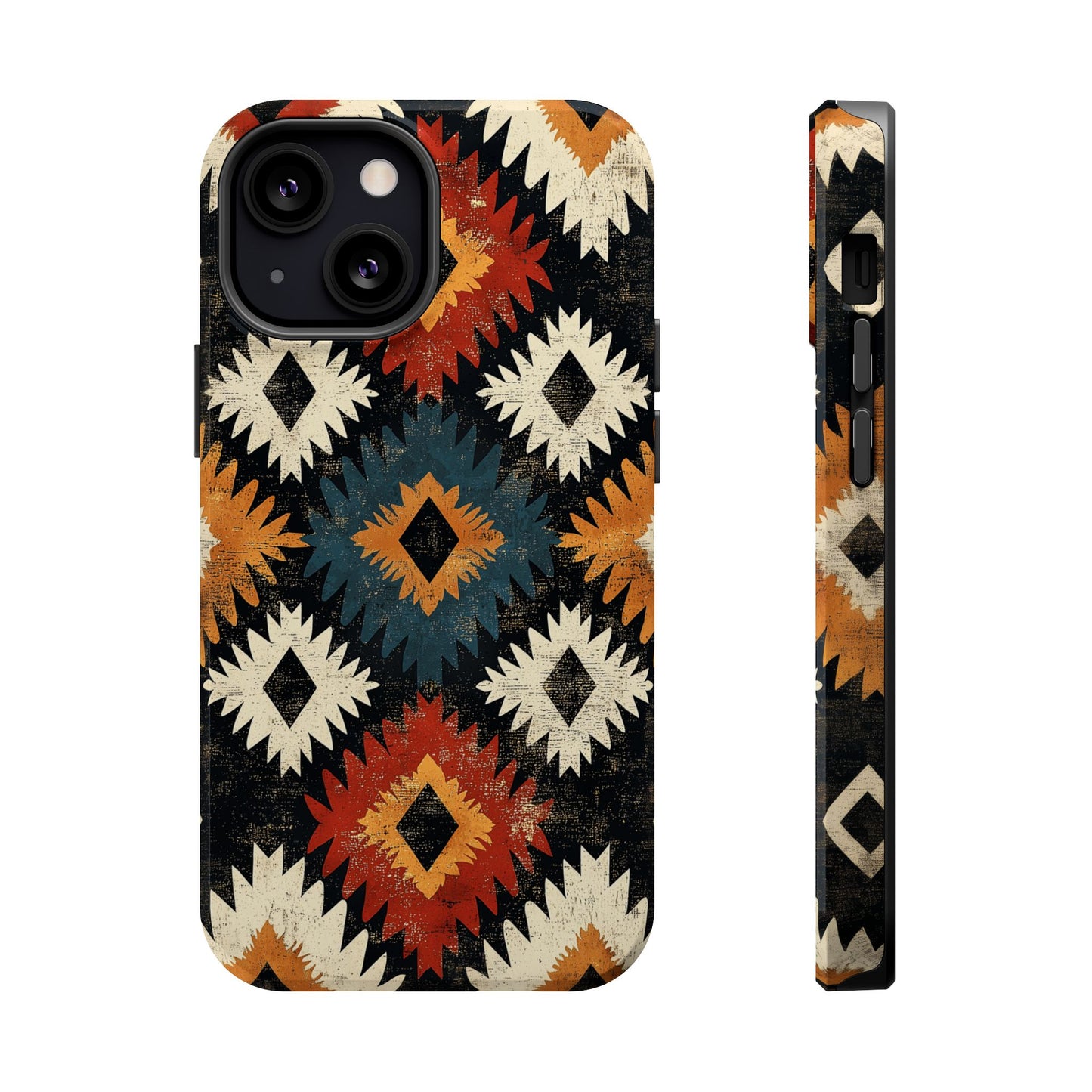 Rustic Tribal Sunburst Tough MagSafe iPhone Case – Vibrant Geometric Design, Dual-Layer Protection