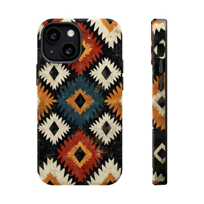 Rustic Tribal Sunburst Tough MagSafe iPhone Case – Vibrant Geometric Design, Dual-Layer Protection