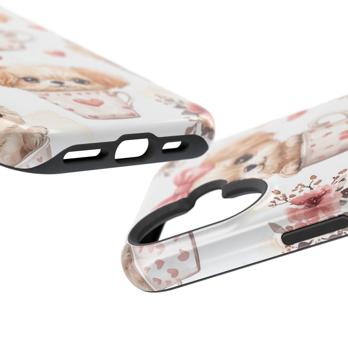 Cute Puppies in Heart MagSafe iPhone Case – Adorable Dog & Floral Design, Shockproof & Slim