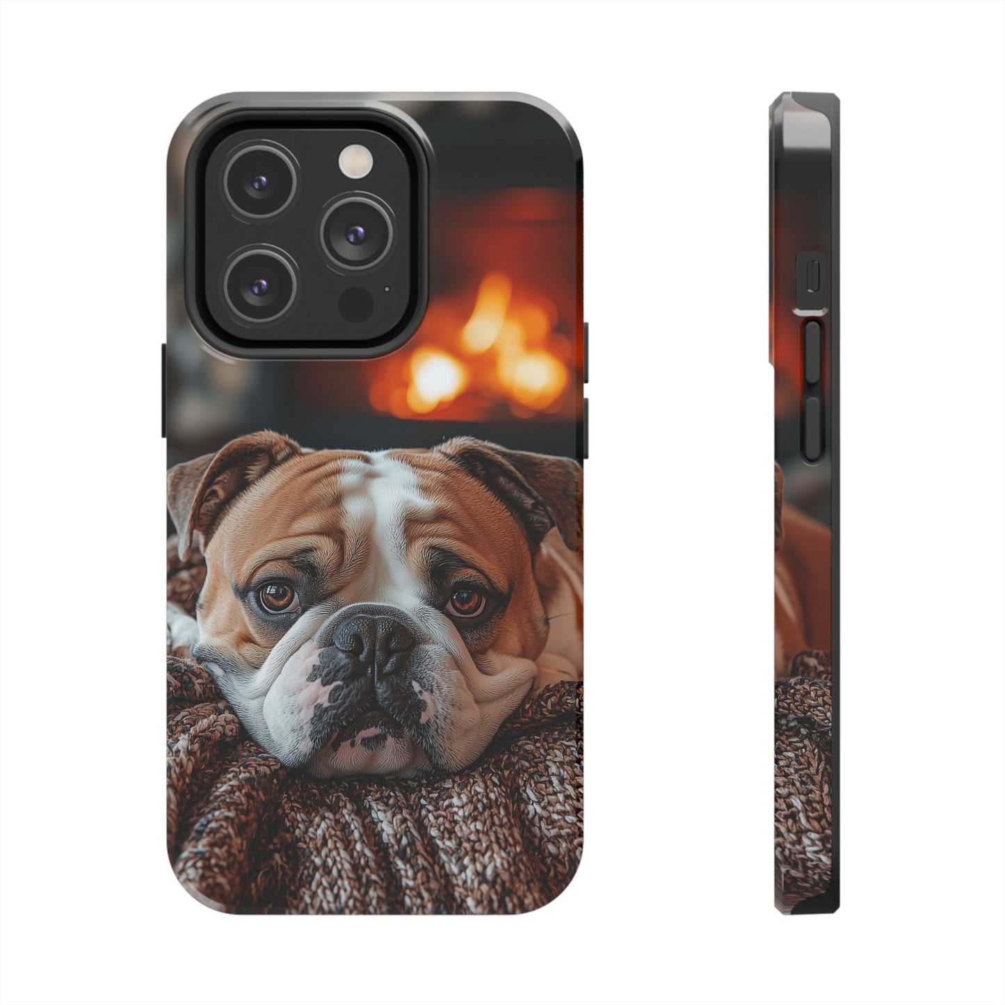 Cozy Bulldog iPhone Case – Fireside-Inspired Protective Cover Description: