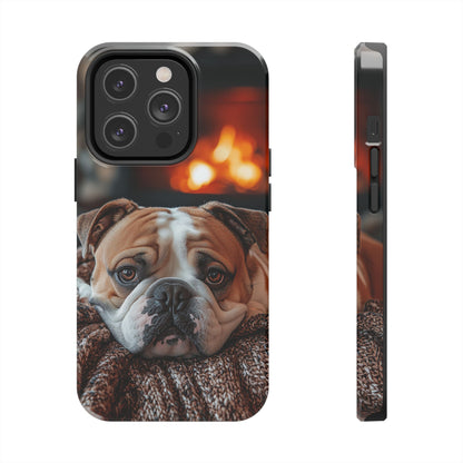 Cozy Bulldog iPhone Case – Fireside-Inspired Protective Cover Description: