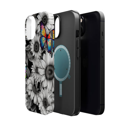 Rainbow Butterflies & Monochrome Sunflowers – MagSafe iPhone Case