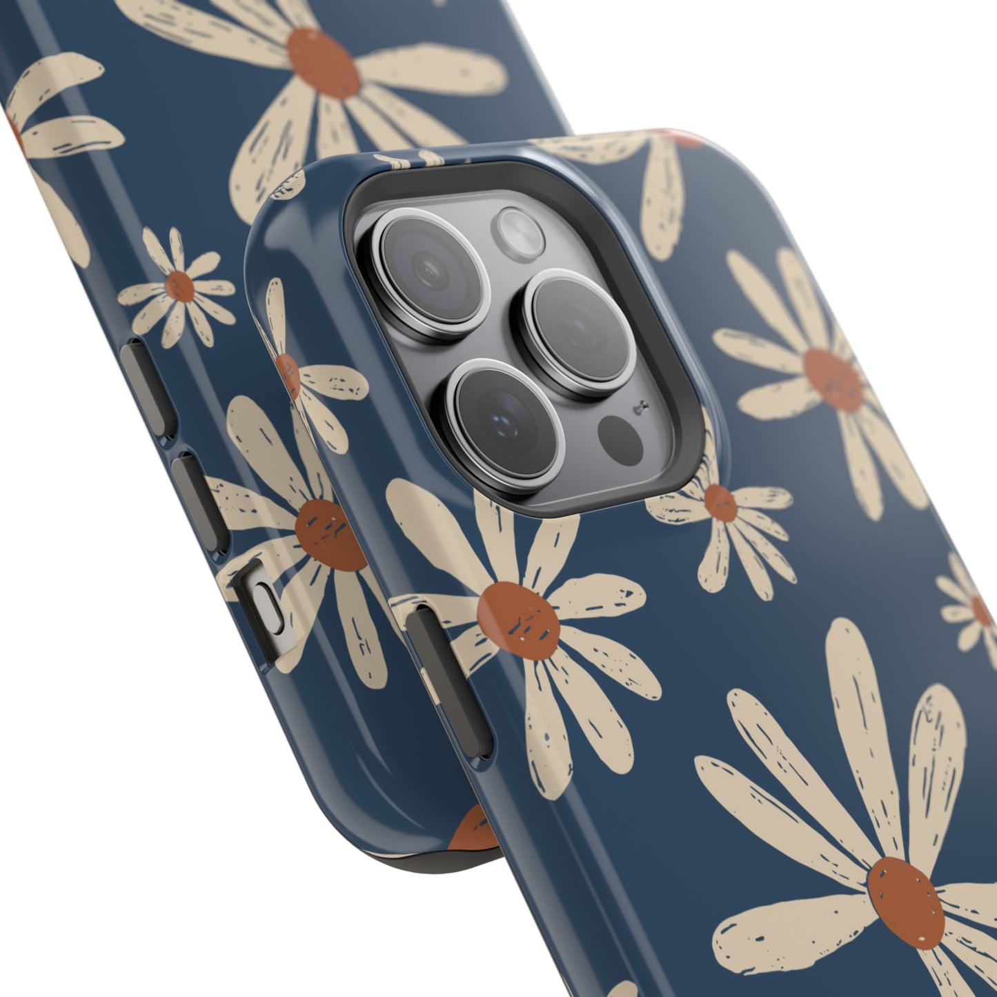 Vintage Daisies MagSafe iPhone Case – Navy Blue Floral Design, Scratch-Resistant with Shock-Absorbing Bumper