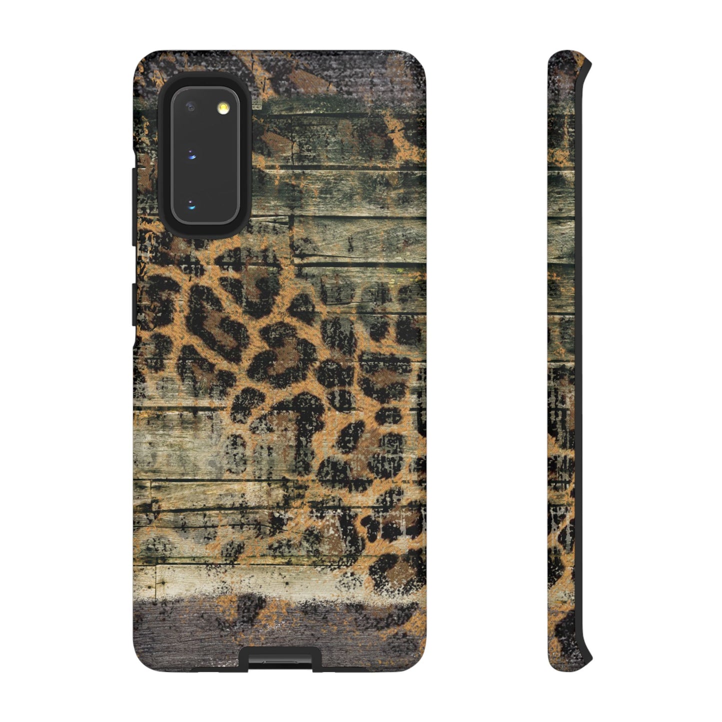 Rustic Wood and Leopard Print Tough Samsung Galaxy Case – Distressed Western Design with Dual-Layer Protection